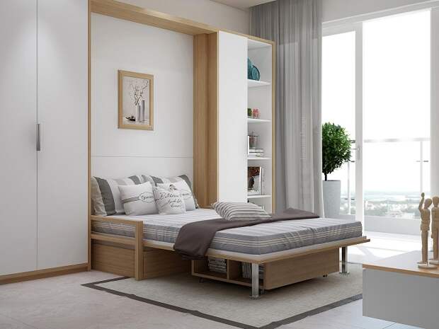 Красивый интерьер спальной создан благодаря просто отличным и практичным решениям оформления её в одном стиле.
