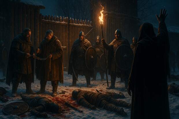 Славянский укреплённый город в снегу после ночного боя. На земле валяются тела гуннов, сломанные упряжи и щиты.