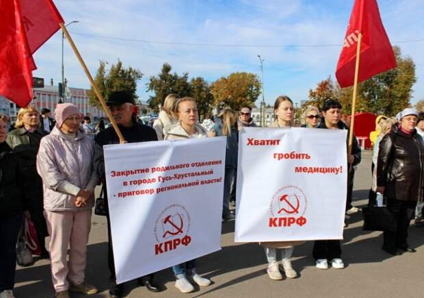 На фото: в Гусь-Хрустальном прошёл митинг против закрытия родильного отделения районной больницы.