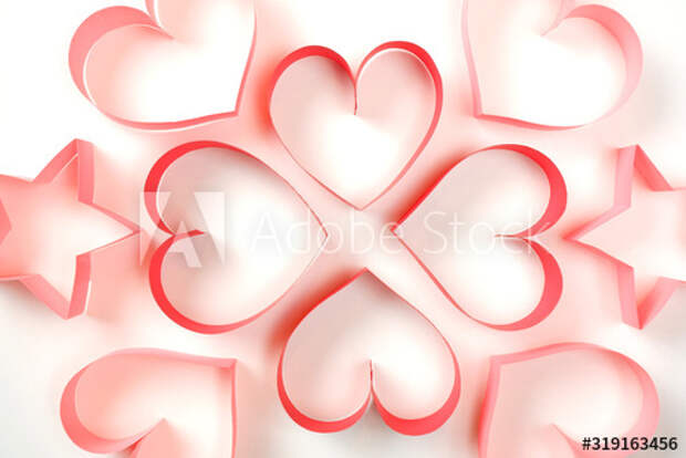 Four red, four pink of red paper hearts and pink paper stars on white background top closeup view. Pretty love, valentines day, womens day banner, offer, card, invitation, flyer, poster template.