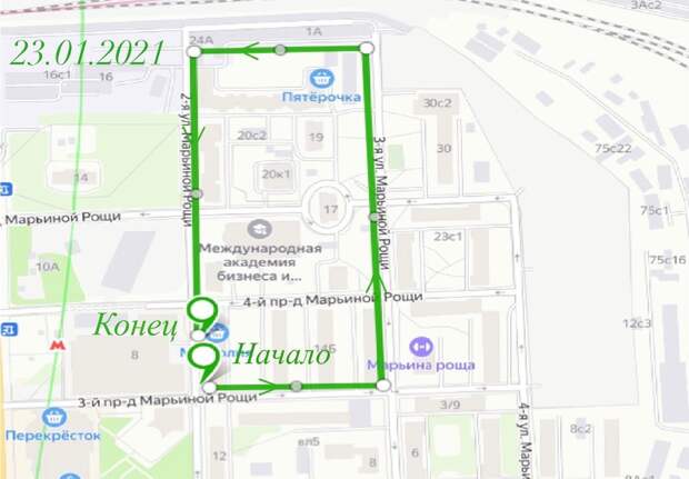 Возможно, это изображение (карта и текст «24A 1A 23.01.2021 16116 16c1 3AC2 пятёрочка 20c2 30c2 1 19 20k1 30 марьиной рощи 75c22 17 10A 3-яул. марьиной рощи 23c1 75c1 международная академия бизнеса и... 4-й пр-д марьино рощи конец 8 75c16 "начало 3-йпр-д пр-д марьиной рощи 3-й 12c3 арьина роща перекрёсток 3/9 вл5 8c2 4-я ул. марьи»)