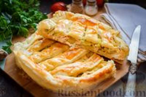 Фото к рецепту: Закрытый слоёный пирог с курицей и луком-пореем