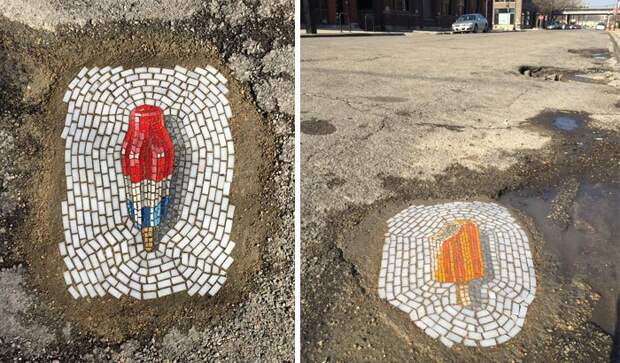 Мозаики в ямах на дорожном полотне в Чикаго.