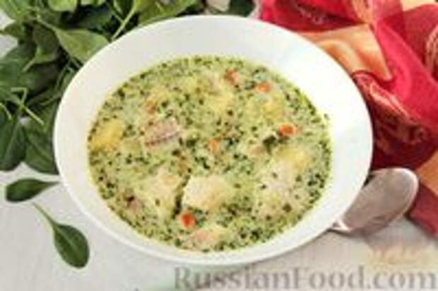 Фото к рецепту: Рыбный суп со шпинатом и плавленым сыром