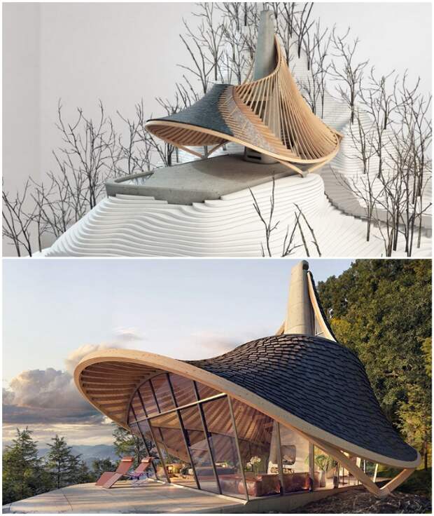 Крыша лесного домика создана в виде дамской шляпки с полями (концепт YEZO retreat). | Фото: mymodernmet.com.
