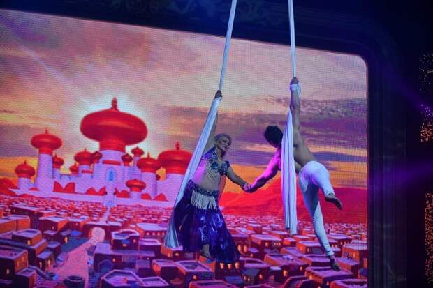 Надежда Гаврилова исполнила цирковой номер с партнёром на воздушных полотнах. Фото: Агентство «Москва»