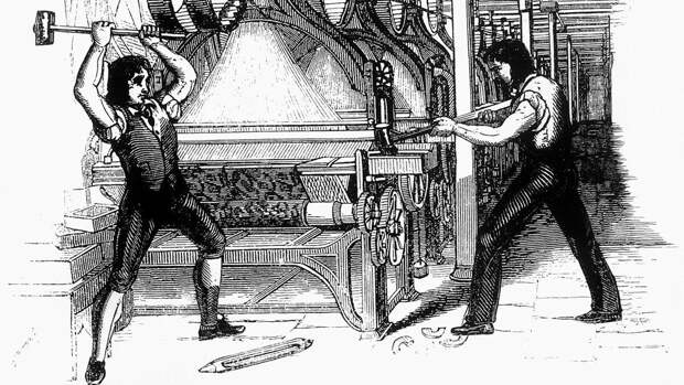 Изображение луддитов, ломающих ткацкий станок, 1812 год 