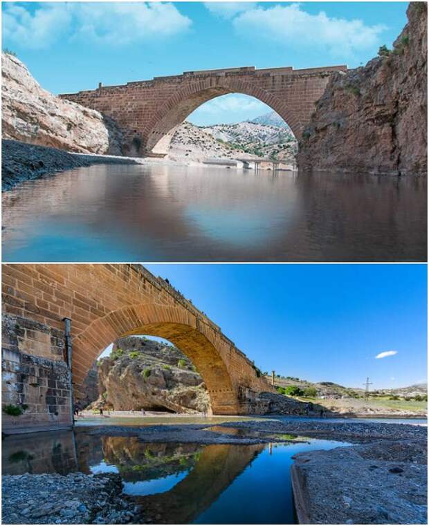 Еще до недавнего времени мост запросто справлялся с потоком автомобилей, теперь же он является пешеходной переправой (Эскикале, Турция). 