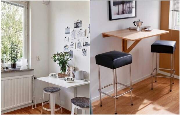 Подвесной стол и пару барных стульев - идеальное решение для маленькой кухни