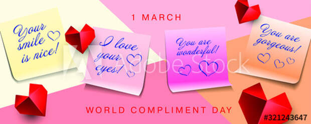 World compliment day design with multicolored sticker papers with compliments and paper origami hearts