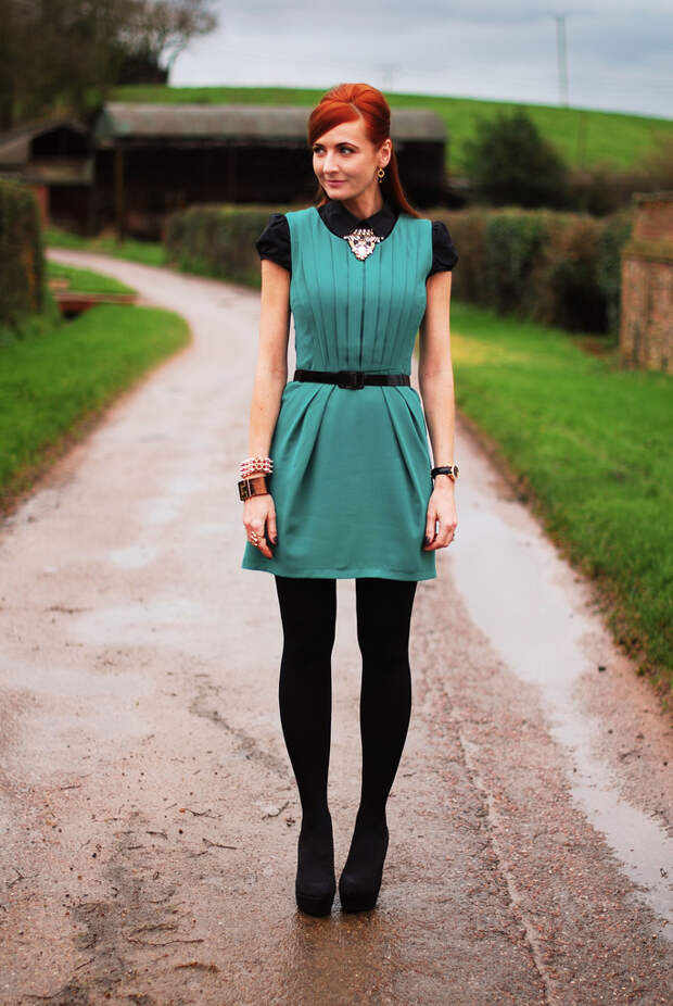 Green pleated dress & black shirt
