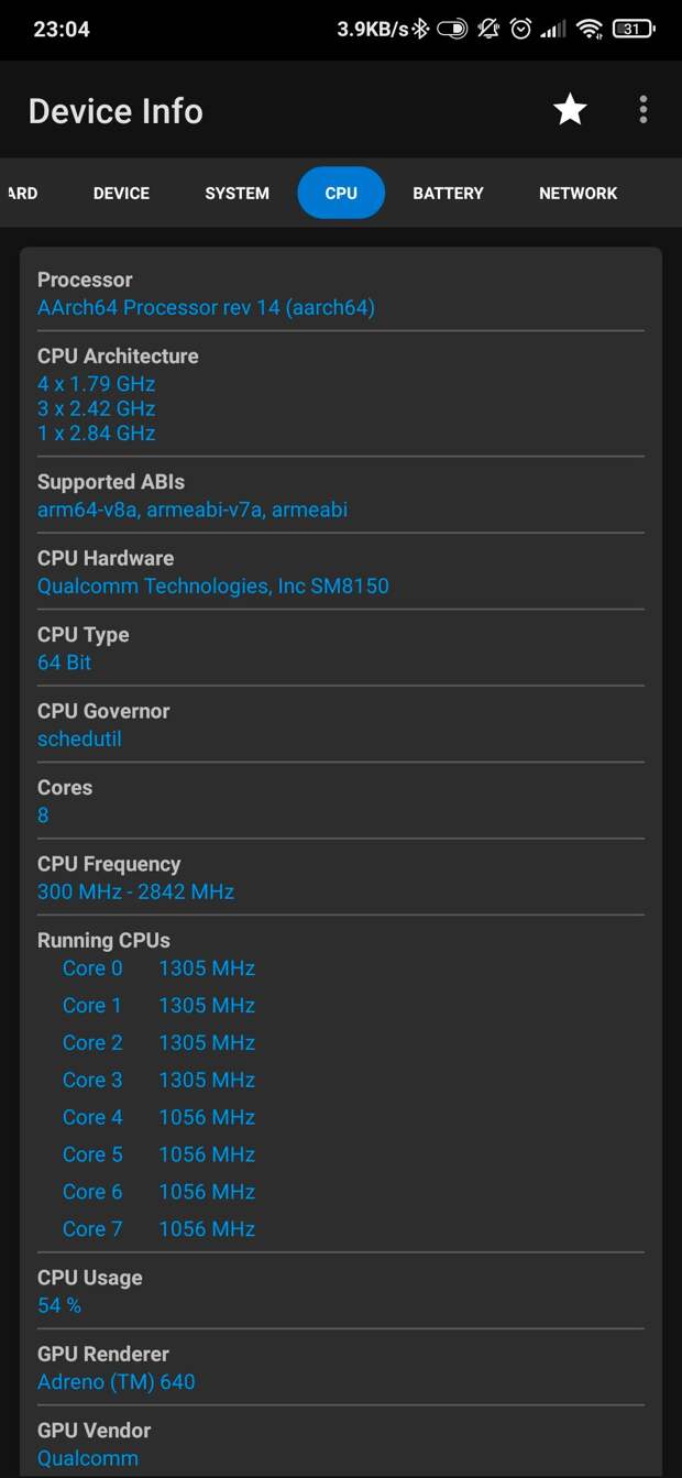Android phone CPU specs by Device Info