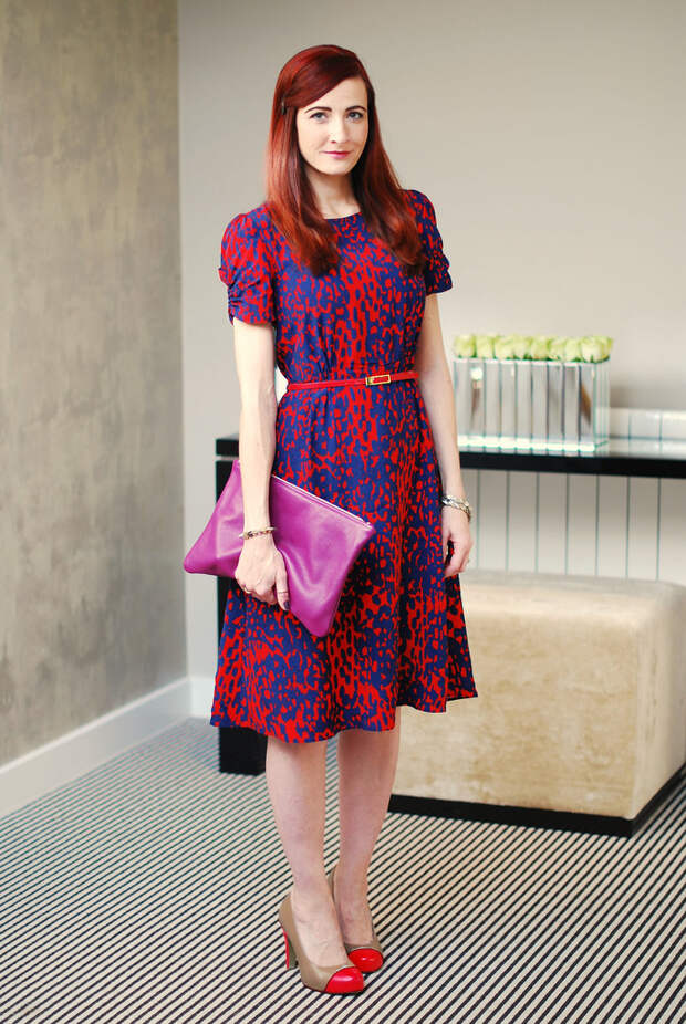 Red and blue animal print midi dress