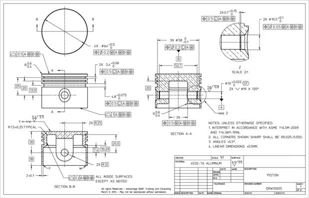 Технический чертеж построен на основе американского стандарта (ASME) серии Y14. 