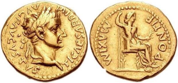 Профиль императора Тиберия на золотом ауреусе I века н.э.