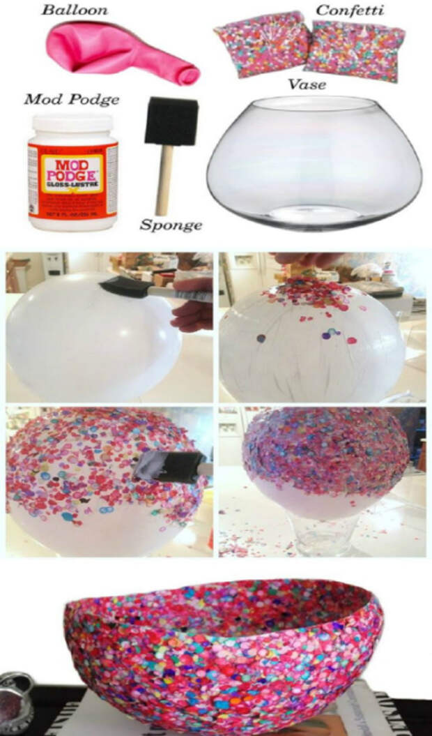 Необычная ваза для фруктов или конфет, которую можно сделать самостоятельно с помощью обыкновенного воздушного шарика, клея и конфетти.