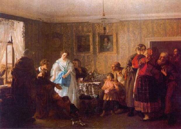 Поздравление молодых в доме помещика. 1861 год. Русский музей, Санкт-Петербург. Автор: Г.Г. Мясоедов. Поздравление молодых в доме помещика. 1861 год. Русский музей, Санкт-Петербург. Автор: Г.Г. Мясоедов.