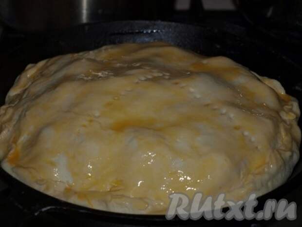 Оставшееся тесто раскатать, накрыть пирог, защипнуть края. Наколоть поверхность итальянского мясного пирога вилкой, смазать желтком. Выпекать 50-55 минут. 