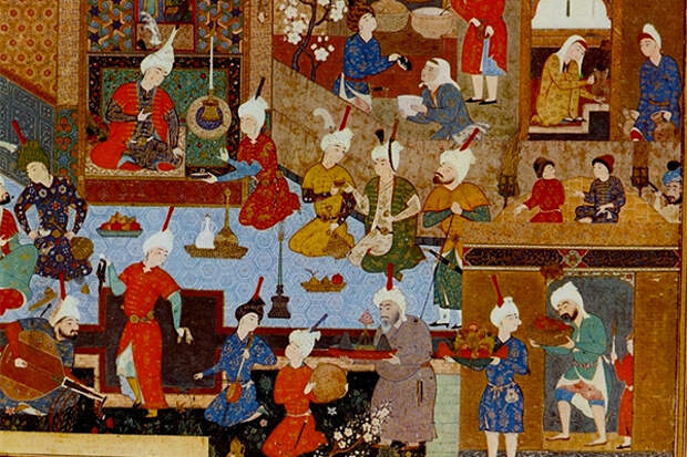 Мир Сеид Али. Вечерняя жизнь дворца. Иллюстрация к «Хамсе» Низами (XVI век)