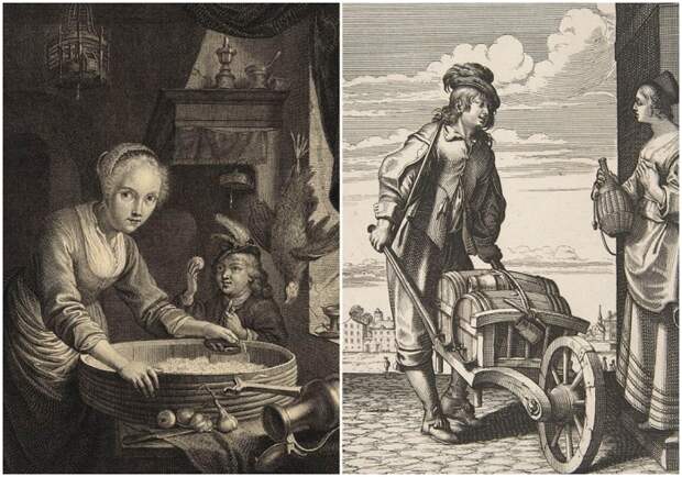 Слева направо: Молодая женщина, режущая лук, Луи де Сюруг, 1472 год. \ Торговец уксусом, Абрахам Боссе, середина-конец XVII века.