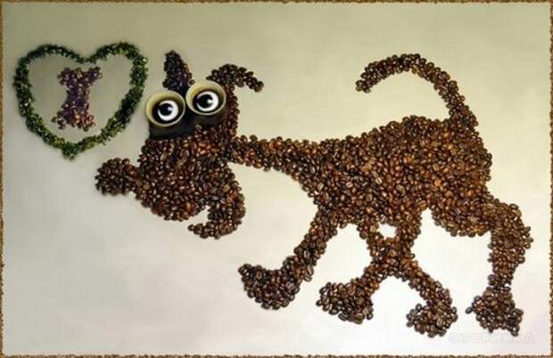 картина из кофейных зерен, собачка