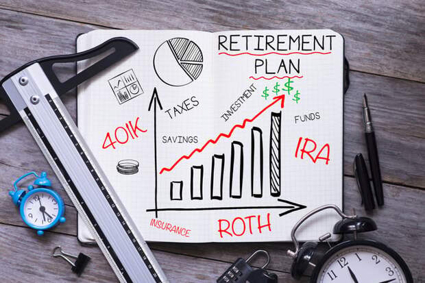 A whiteboard with retirement charts and notes written on it, with tools and a clock lying on a table around the whiteboard.