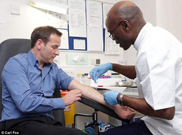 Making sure: A pre-experiment blood test at London’s Hospital of St John and St Elizabeth confirmed Nick had no pre-existing health problems