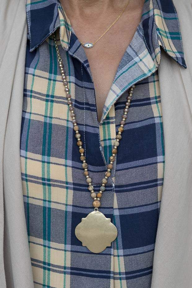 Blue and Tan Plaid Shirt For Women Gold Tone Pendant Necklace