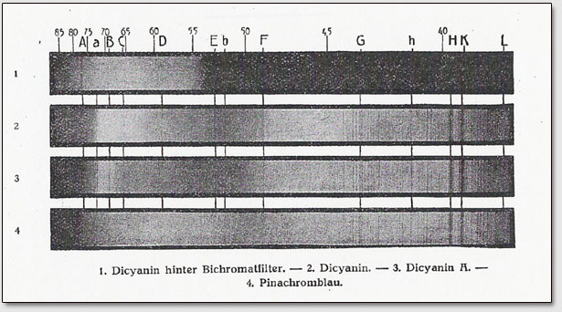 1. Дицианин через бихроматический фильтр. 2. Дицианин. 3. Дицианин A. 4. Пинахром-блау.