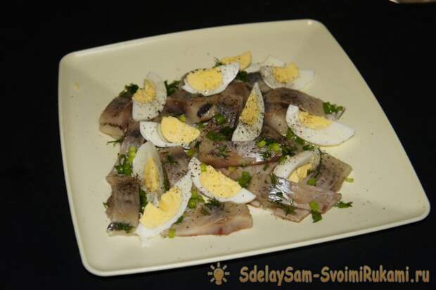 Русский салат из слабосолёной сельди и яиц