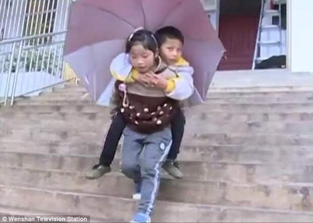 Сестринская любовь: Чжоу Диньшуань (9 лет) каждый день носит в школу своего брата Чжоу Диньфу (12 лет) Любовь, вот это да!, героиня, инвалид, китай, самоотверженность, семья, сестра