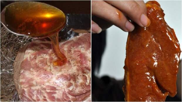Всю поверхность мяса необходимо покрыть медом, который образует своеобразную пленку / Фото: akademiapovarov.ru Всю поверхность мяса необходимо покрыть медом, который образует своеобразную пленку / Фото: akademiapovarov.ru