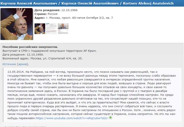 На двух стульях сидеть - седалища не хватит. Кортнева внесли в базу "Миротворец"