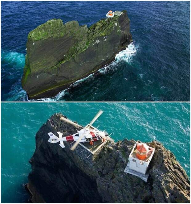 После создания вертолетной площадки появилась возможность доставить людей на вершину утеса по воздуху (Thridrangar Lighthouse, Исландия). | Фото: mybestplace.com.