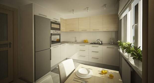Дизайн угловой кухни 10 кв.м в пастельных тонах (12 фото)