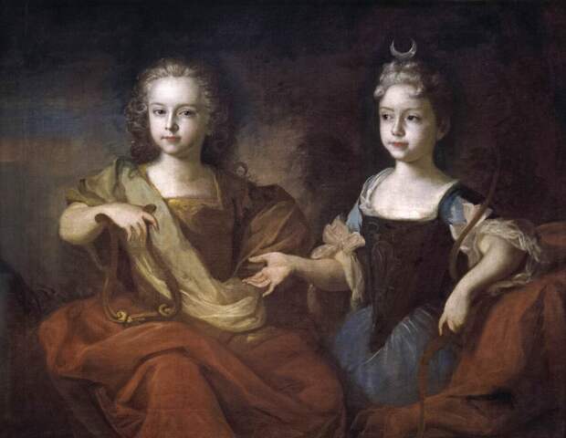 Луи Каравак «Наталья Алексеевна (справа) в образе Дианы в 8-летнем возрасте с братом, будущим Петром II, в образе Аполлона»