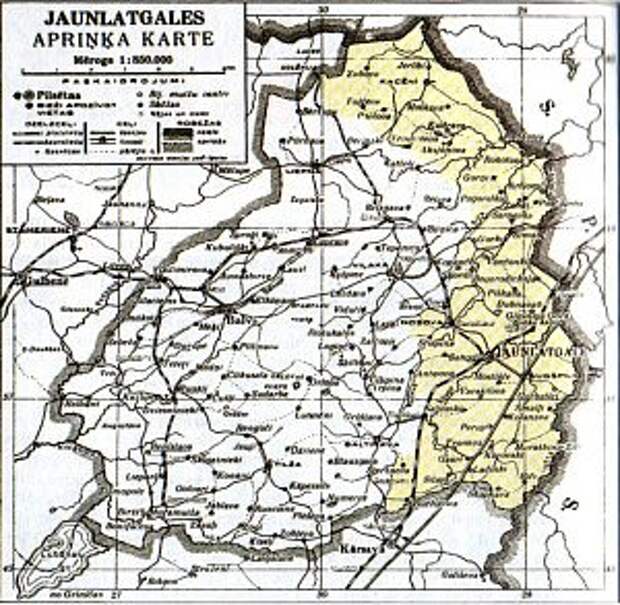 Карта Яунлатгальского уезда. Желтым закрашены территории, отнятые у России в 1920 году / Фото: anaga.ru