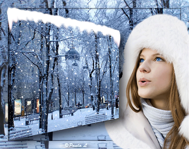 Замечательная  анимация зима Девушка с голубыми глазами смотрит на небо