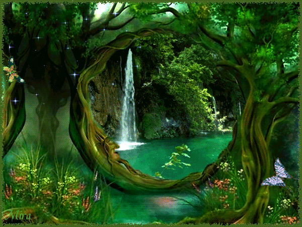 водопад в лесу - Летние открытки
