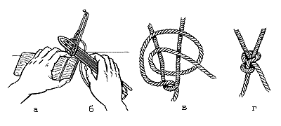 Вязание дели: а - полочка: б - челнок; в - ход завязывания узла; г - готовый узел (шкотовый)